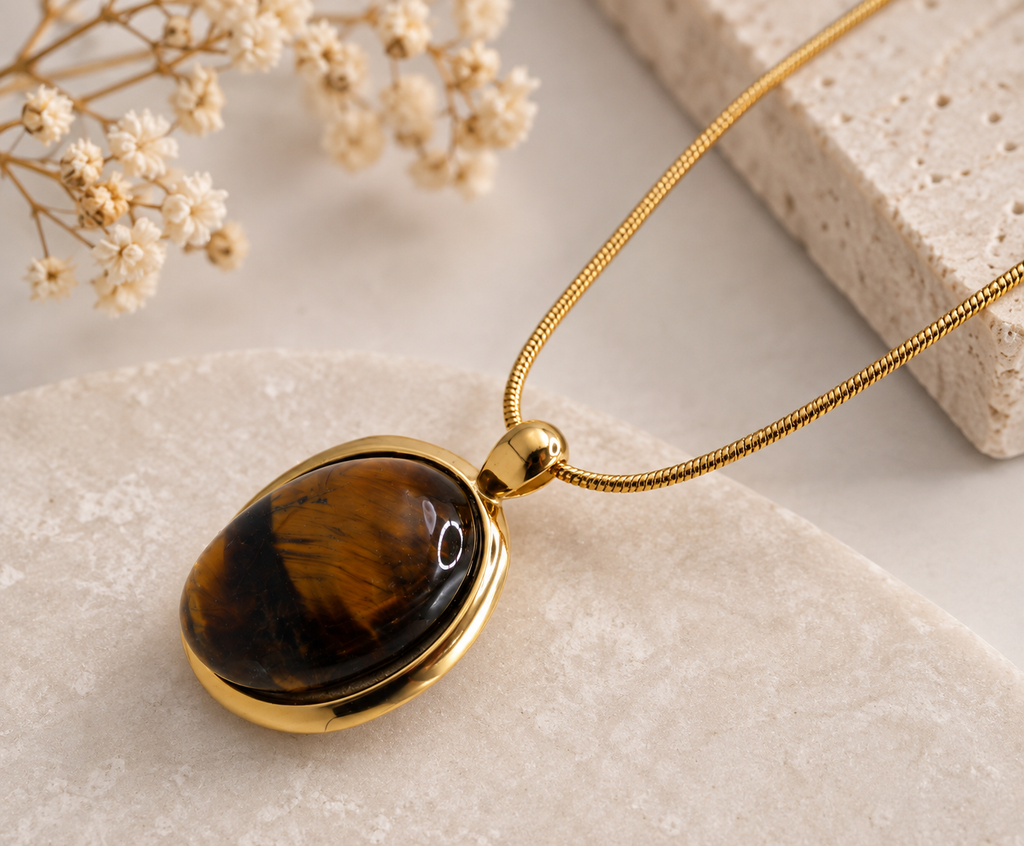 Vintage Tiger Eye Stone Necklace & Earrings Set