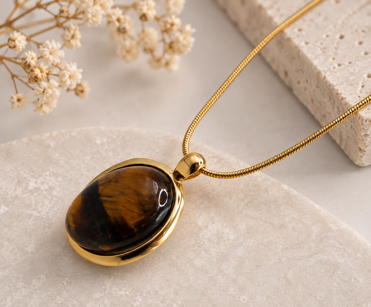 Vintage Tiger Eye Stone Necklace & Earrings Set