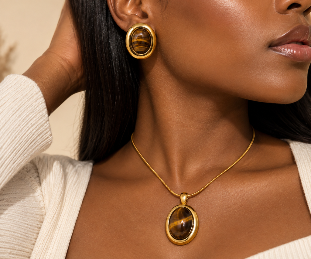 Vintage Tiger Eye Stone Necklace & Earrings Set