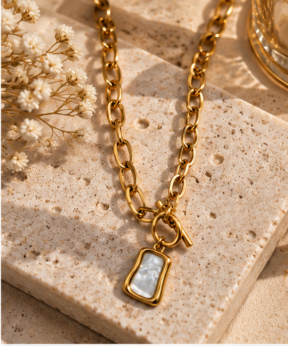 Square Mother Of Artificial Pearl Pendant Necklace