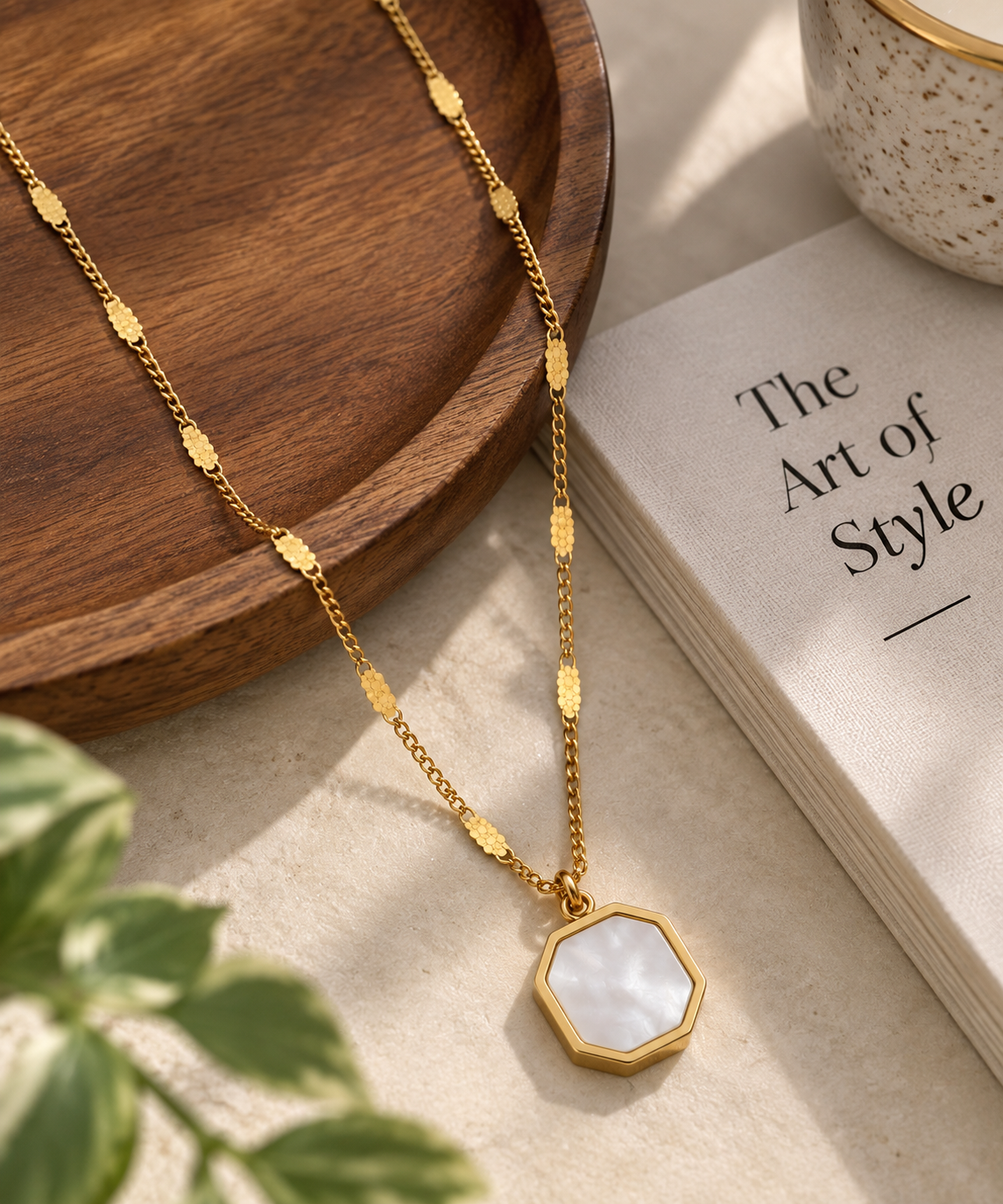 Hexagon Mother Of Artificial Pearl Shell Pendant Necklace
