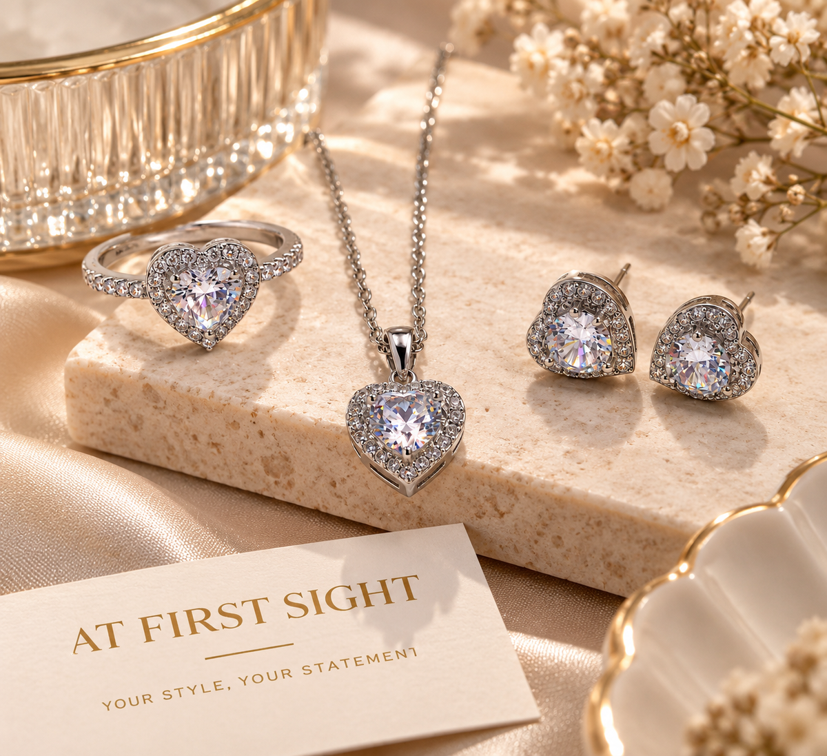Heart Elegant Romantic Necklace, Earrings & Ring Set