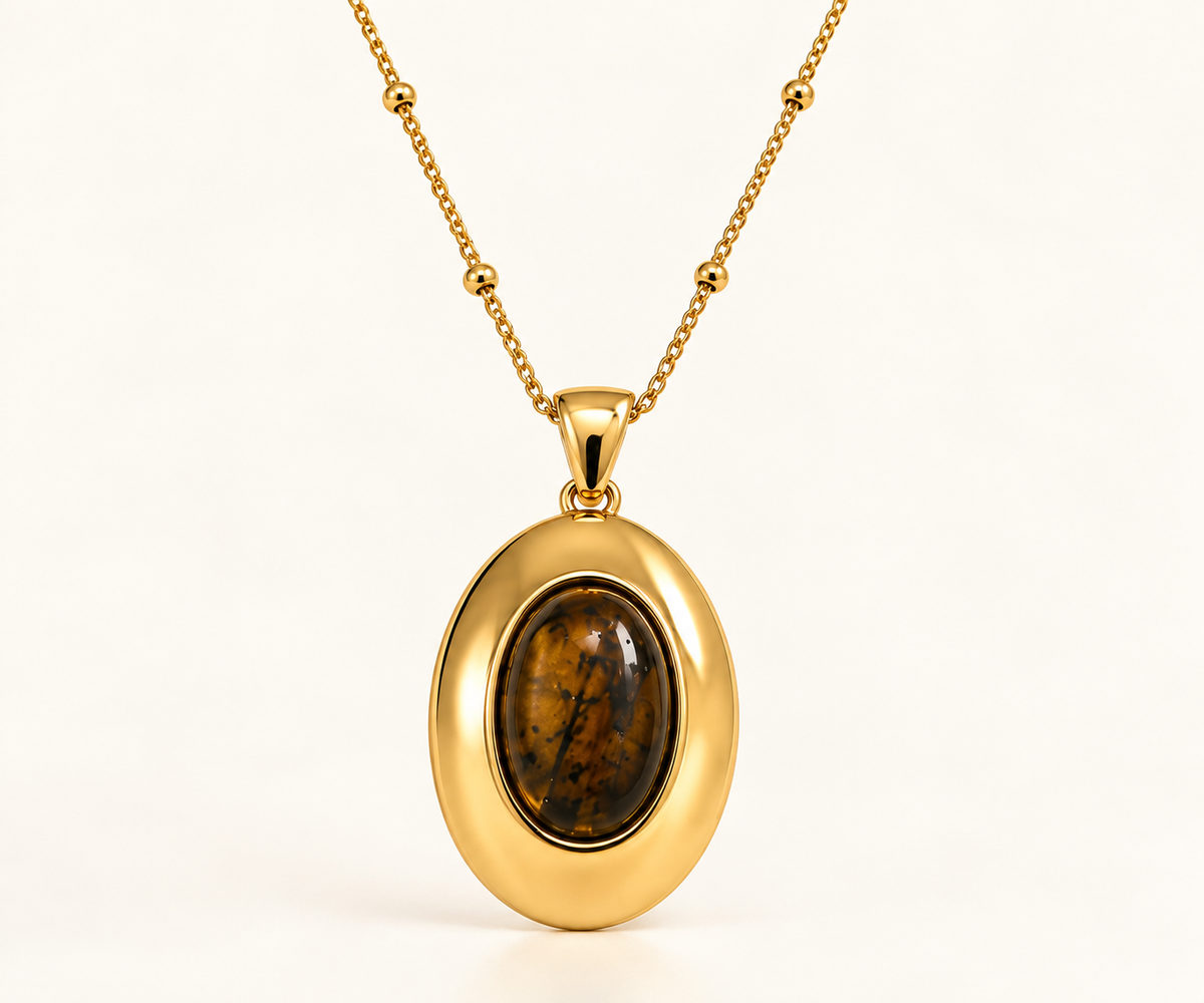 Tiger Eye Oval Pendant Bead Chain Set Necklace & Earrings