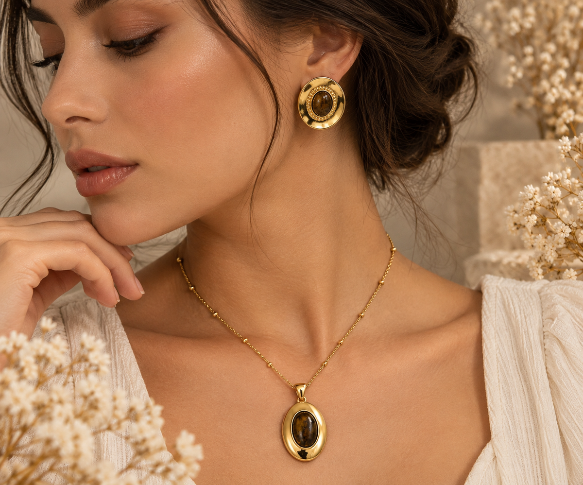 Tiger Eye Oval Pendant Bead Chain Set Necklace & Earrings