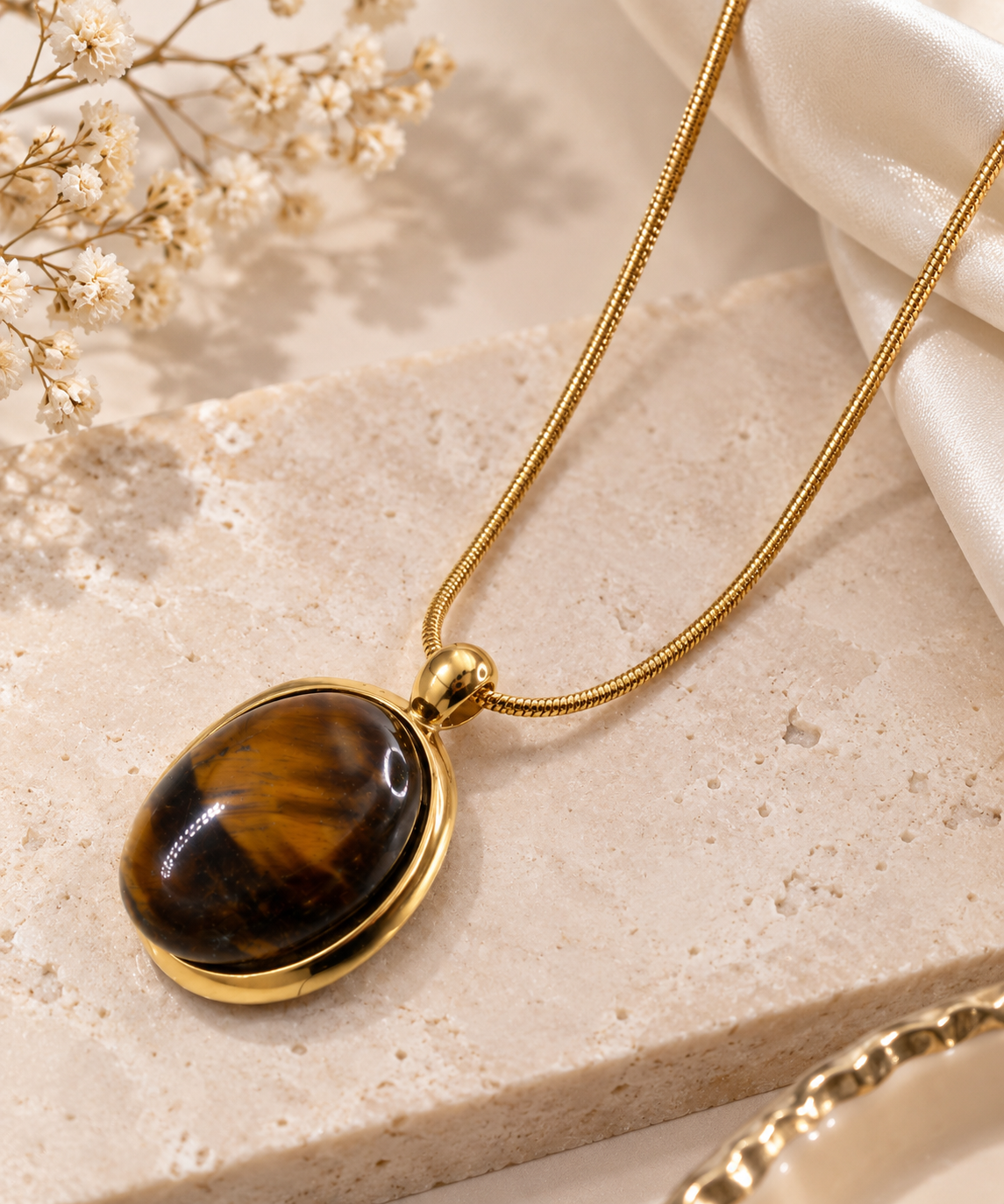 Vintage Tiger Eye Stone Necklace & Earrings Set